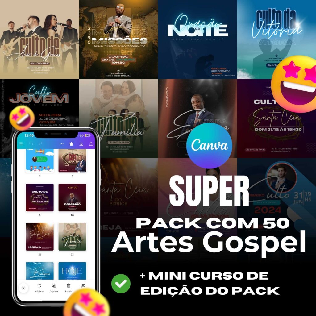 Pack com 50 artes gospel 100% editáveis